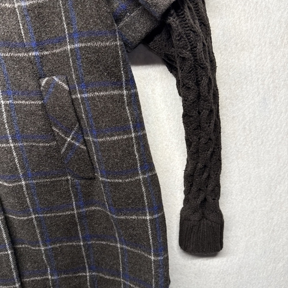 Anthropologie Idra Plaid Wool Blend Coat Cable Knit Sleeves Grey Blue Size 10 - Picture 15 of 16